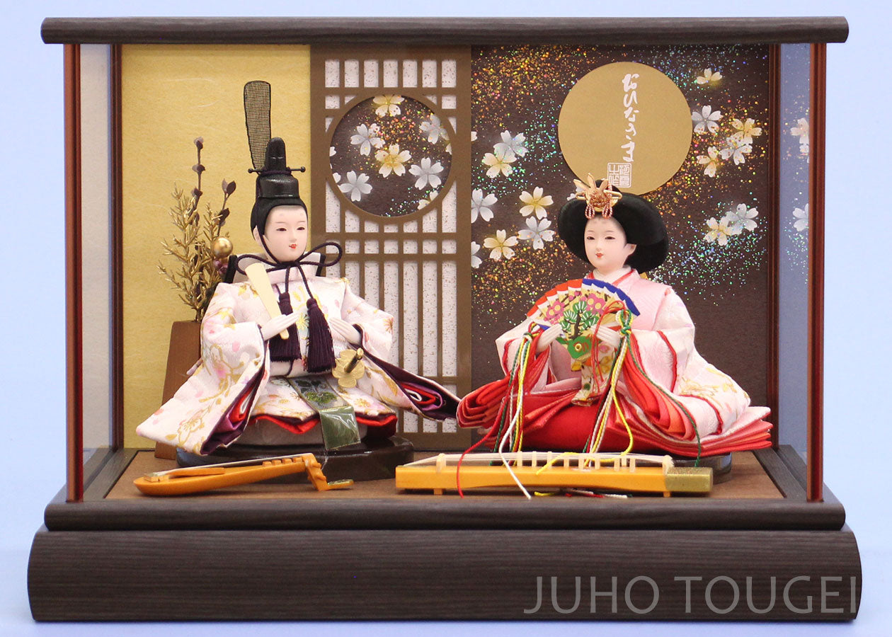 雛人形 ケース飾り 二人 幅38cm｜ガラスケース固定型 小芥子親王 窓