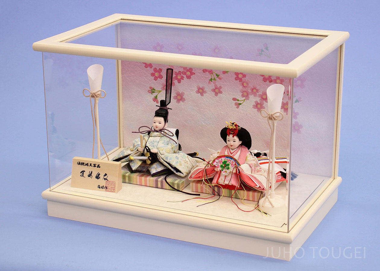 99雛人形ケース飾り 飾るタイプ二人 幅39㎝ まめびな アイボリー桜