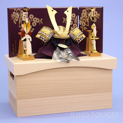五月人形 兜収納セット 幅40cm コンパクト５号金小札長鍬形兜　光琳桜古代紫収納飾り