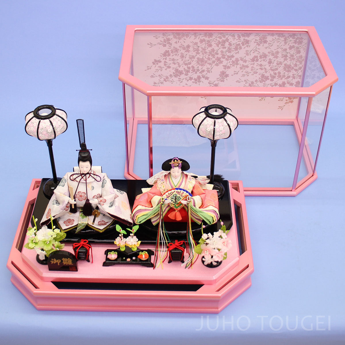一体式展示柜・附传统雏人偶，宽48厘米，芥子亲王人偶，会津蒔绘粉色