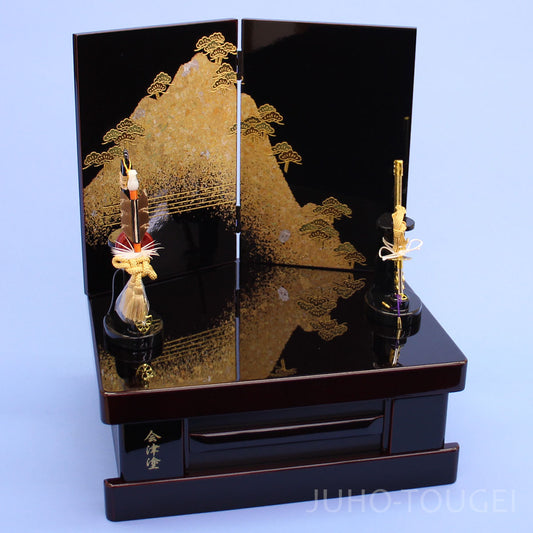 五月人形用収納台屏風 幅 32cm 会津塗岩山に松収納台、屏風、弓太刀セット