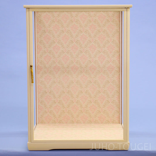 Door-Style Doll Display Case — 36 cm Wide × 50 cm High, Semi-Gloss White Frame & Gothic Pattern Back