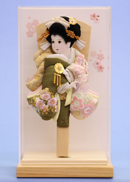 Oshie Hagoita with Gold Embroidery “Mitsuki Green” in Natural Off-White Slim Display Case