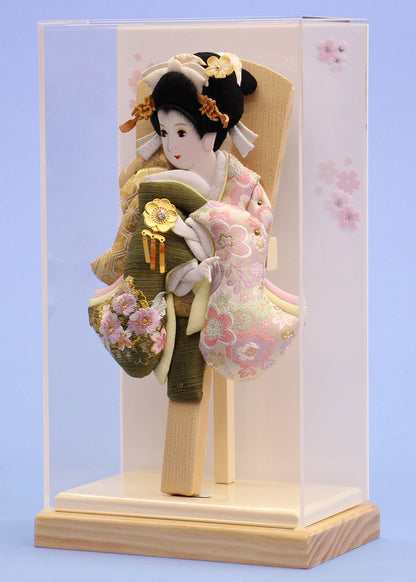 Oshie Hagoita with Gold Embroidery “Mitsuki Green” in Natural Off-White Slim Display Case