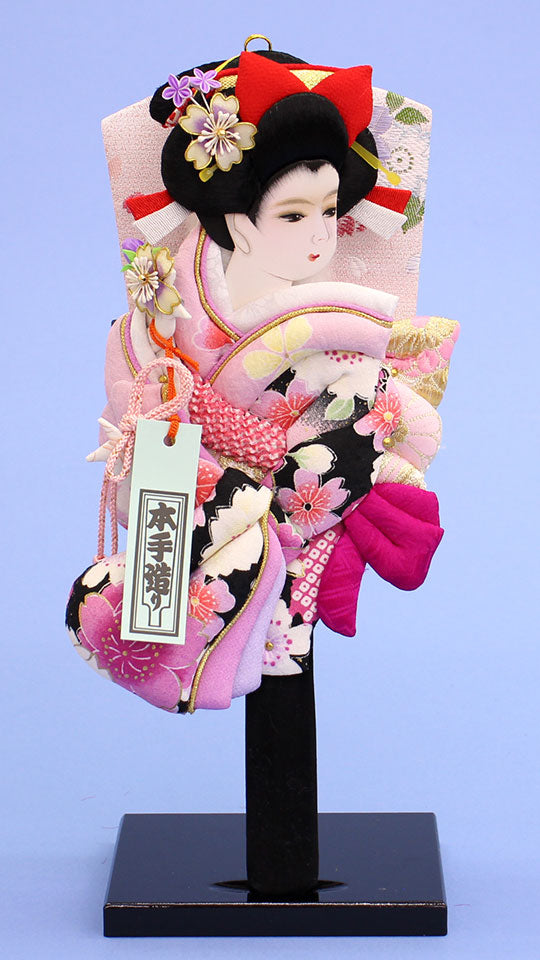 押絵羽子板  友禅牡丹 黒ピンク 台付き