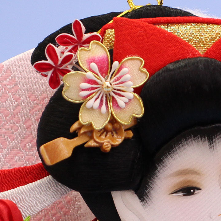 押絵羽子板  友禅牡丹 黒ピンク 簪