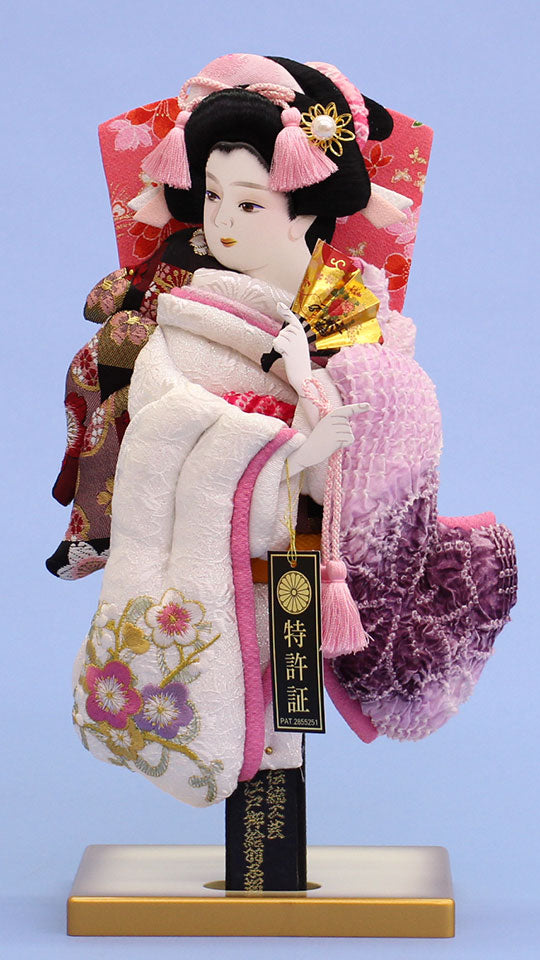 押絵羽子板 詩音刺繍と鹿の子(白紫) 台付き