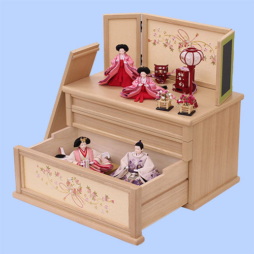 雛人形収納三段飾り 幅60cm芥子五人 桜結び刺繍 ナチュラル引き出し式