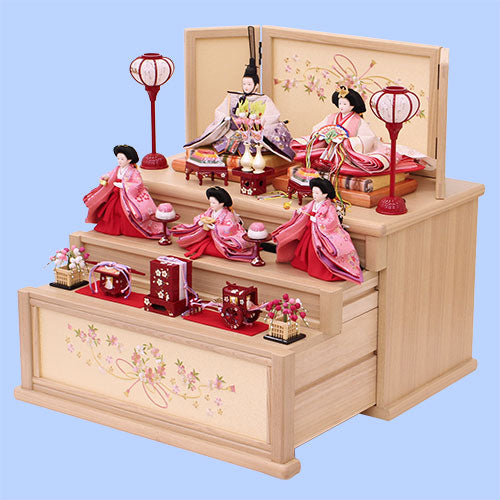 雛人形収納飾り幅60cm三段芥子五人　桜結び刺繍ナチュラル引き出し式　横から