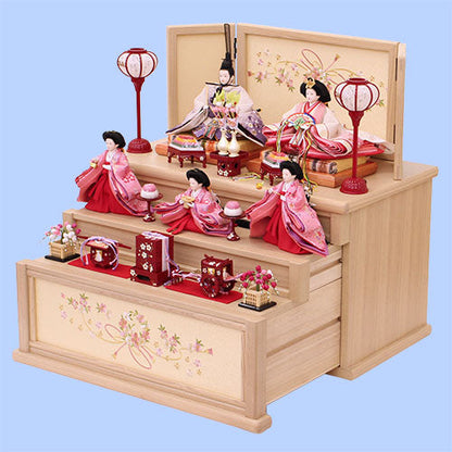 雛人形収納飾り幅60cm三段芥子五人　桜結び刺繍ナチュラル引き出し式　横から