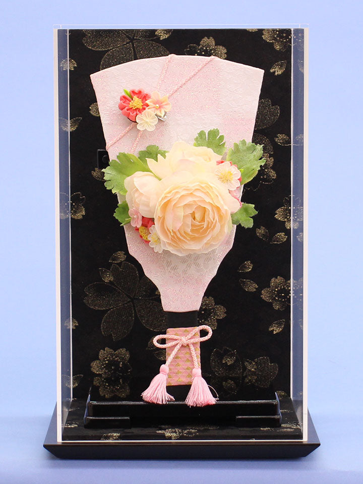 9号髪飾り羽子板 洋花白 黒桜ケース