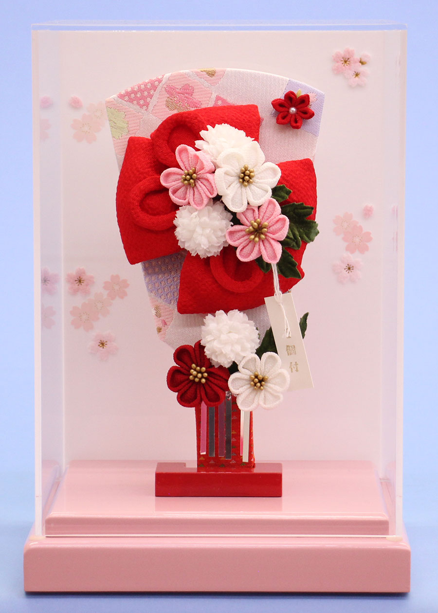 ６号お花の羽子板　縮緬リボン赤　ピンクアクリルケース飾り