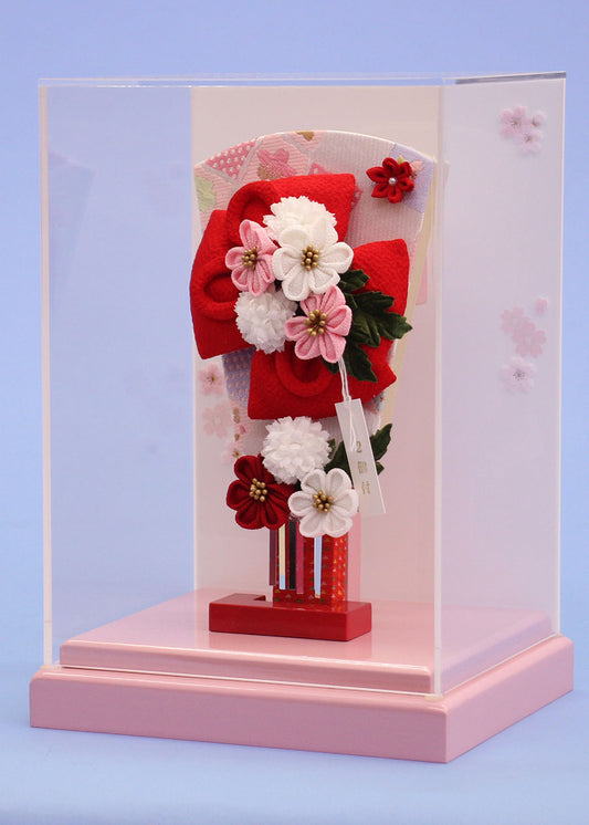 ６号お花の羽子板　縮緬リボン赤　ピンクアクリルケース飾り