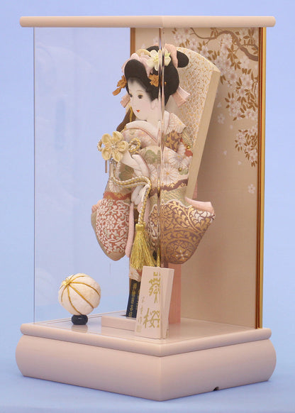 押絵羽子板飾り グレージュ　パノラマケース　横から