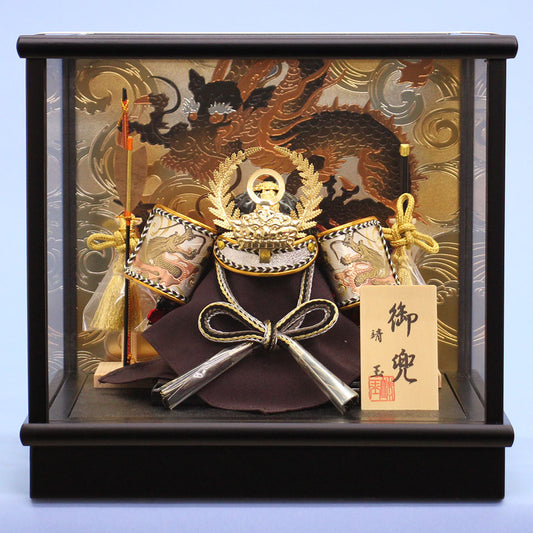 May Doll kabuto Case Decoration Height 23cm No. 5 Tokugawa kabuto with Engraved Black Frame Cover