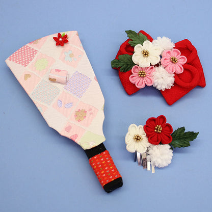 ６号お花の羽子板　縮緬リボン赤　ピンクアクリルケース飾り