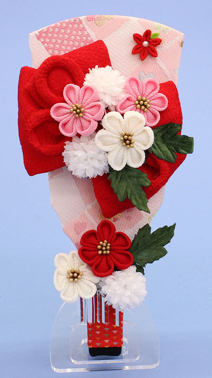 髪飾り羽子板縮緬リボン　赤