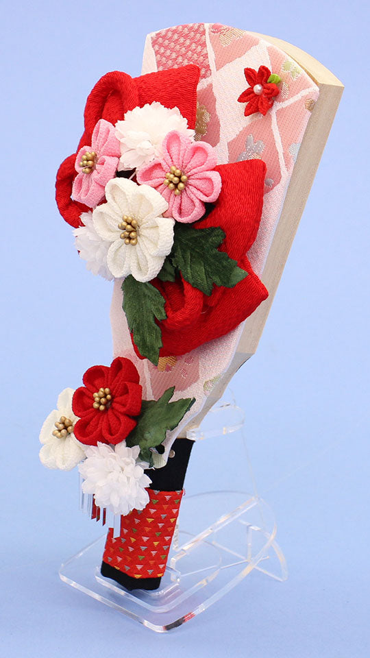 髪飾り羽子板縮緬リボン　赤　横から