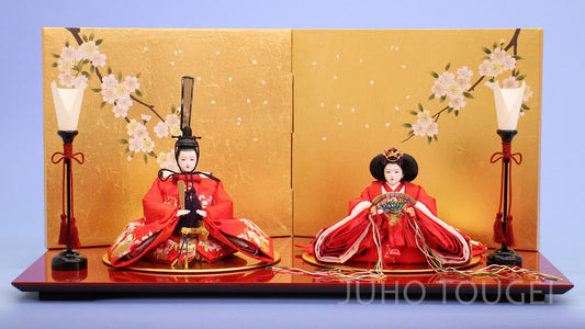 扁平雏人偶展示 宽60cm 京都第12代高级金线刺绣红色花卉阿拉贝斯克