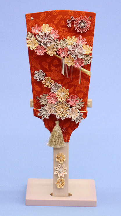 つまみ髪飾り羽子板 鶴　ライラックスタンド付き