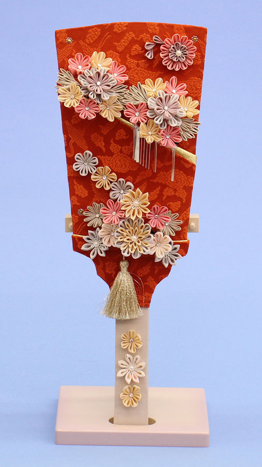 つまみ髪飾り羽子板 鶴　ライラックスタンド付き