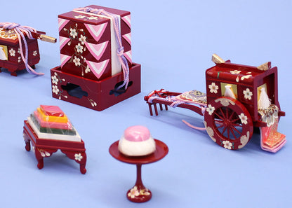 桜花(朱赤)(樹脂製)御所車、重箱、菱台、高坏
