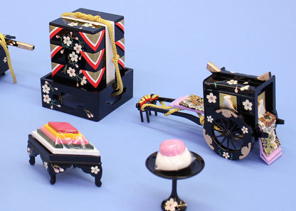 桜花(黒塗り)(樹脂製)御所車、重箱、菱台、高坏