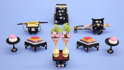 雛道具三段飾り用6点セット 20号桜花(黒塗り)(樹脂製)