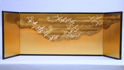 屏風  雛人形用 13号 金屏風 三曲本仕立て かすみ連鶴