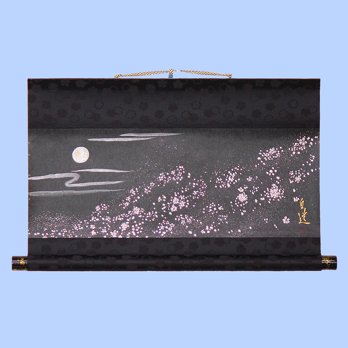 modern 掛け軸　銀彩月に桜　白道