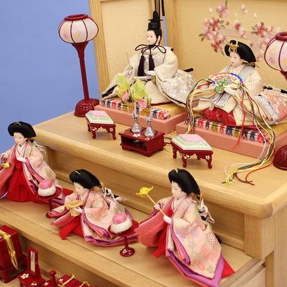 雛人形収納三段飾り柳五人　ナチュラル引き出し式W50　五人ズーム