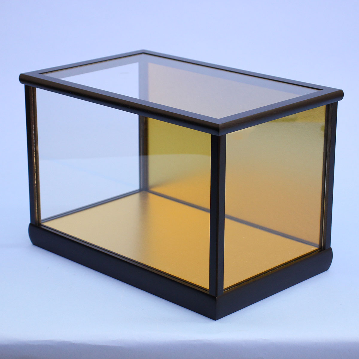 带盖的人偶展示柜，宽30厘米，高18厘米，顶玻璃，达摩型号3，黑色哑光金色背板