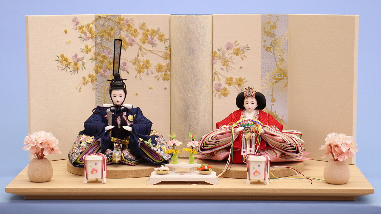 雛人形平飾り 結８２１３５赤黒刺繍　桧和桜