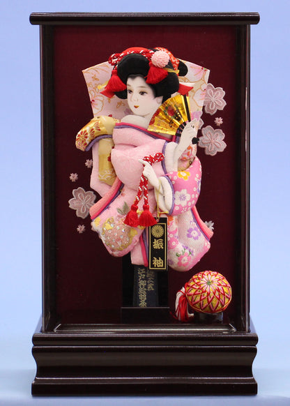09号押絵羽子板 ピンク振袖 アクリルブドウケース飾り