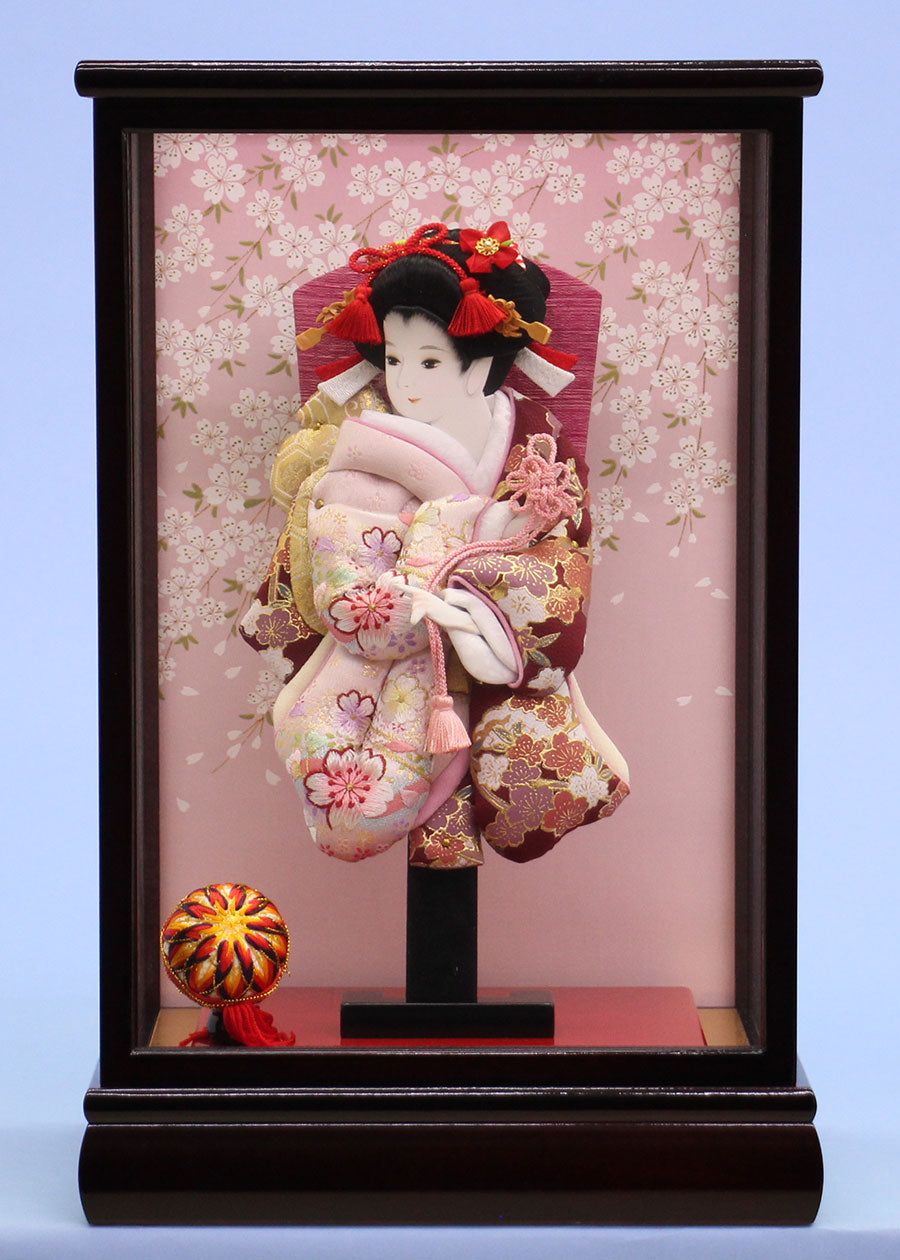 09号押絵羽子板 金彩刺繍華流水 溜塗桜ケース飾り