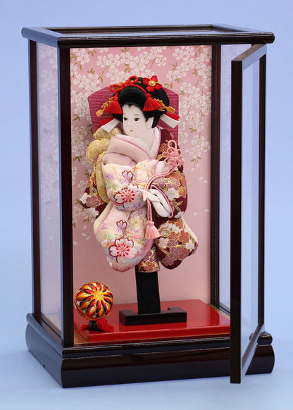 9号押絵羽子板 金彩刺繍華流水 溜塗桜ケース飾り