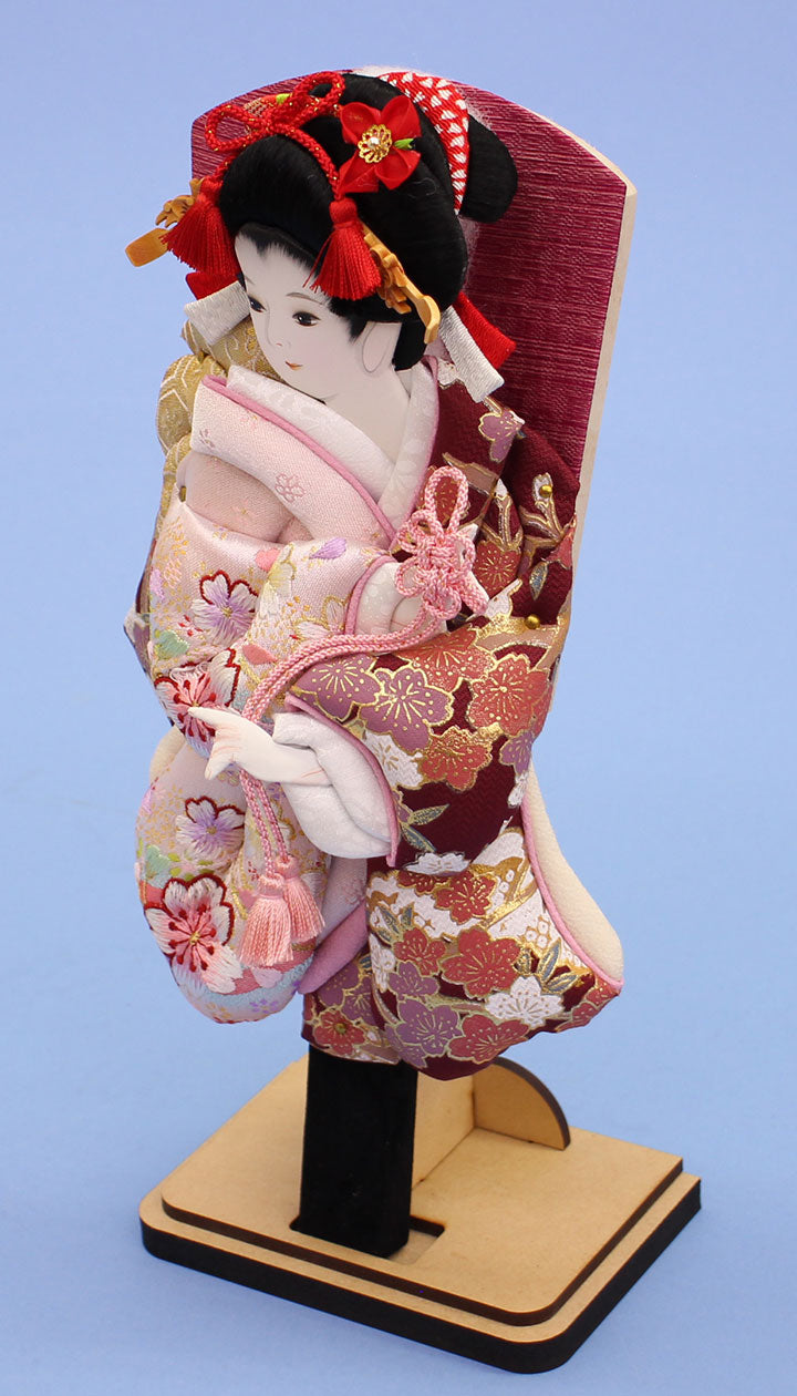 9号押絵羽子板アクリルケース飾り｜ ワインとパステルピンクに刺繍が