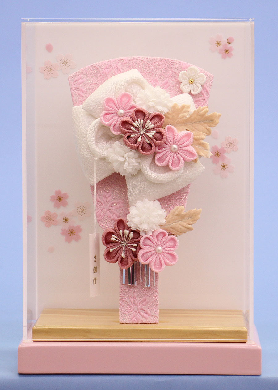 ７号羽子板縮緬リボン簪白　ナチュラルピンク薄型ケース飾り