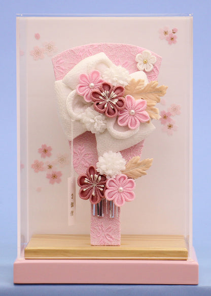 ７号羽子板縮緬リボン簪白　ナチュラルピンク薄型ケース飾り