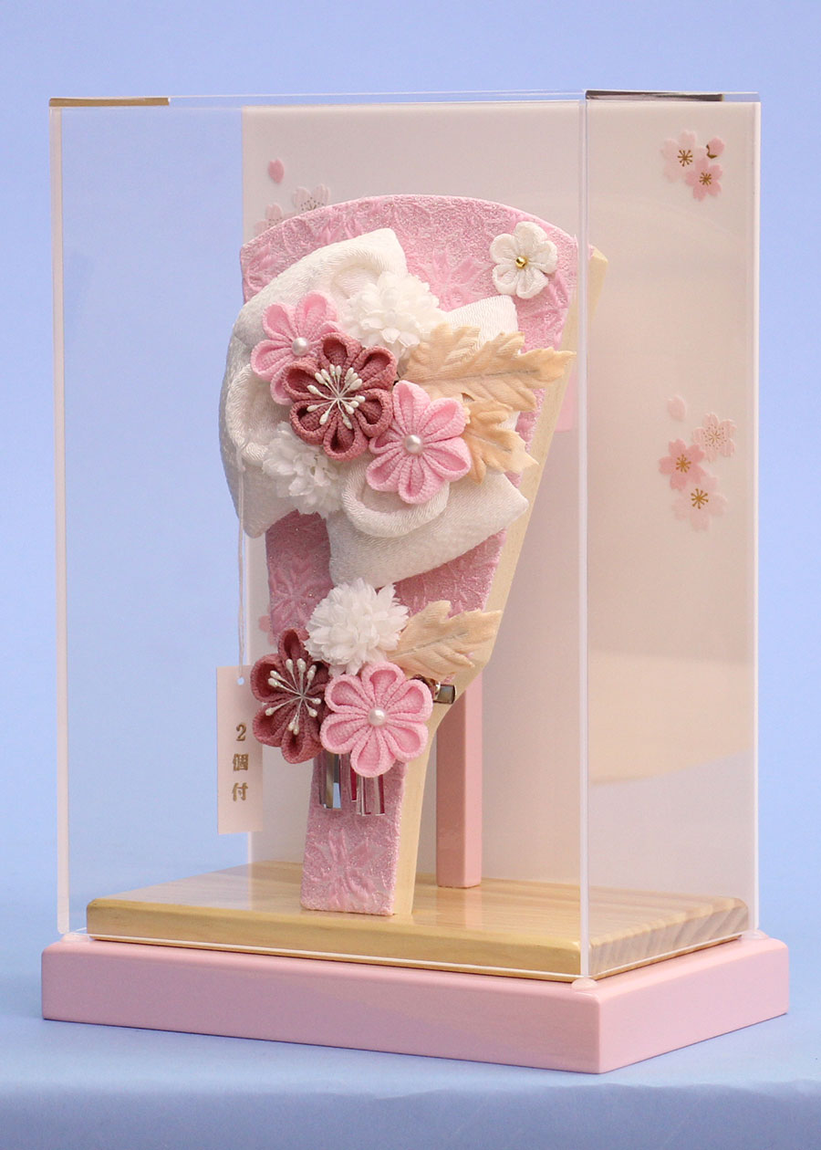 ７号羽子板縮緬リボン簪白　ナチュラルピンク薄型ケース飾り