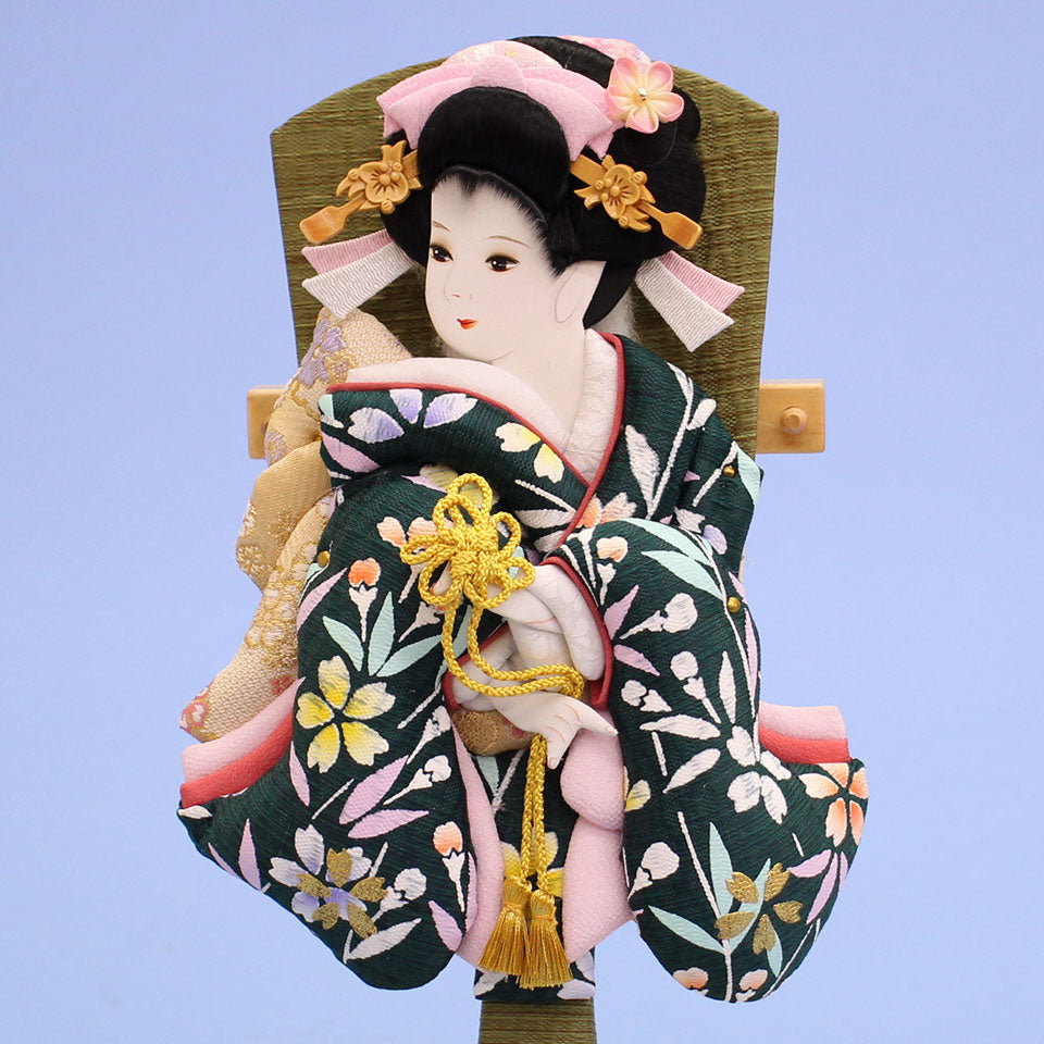 9号押絵羽子板 金彩美月緑 黒枠優ケース飾り