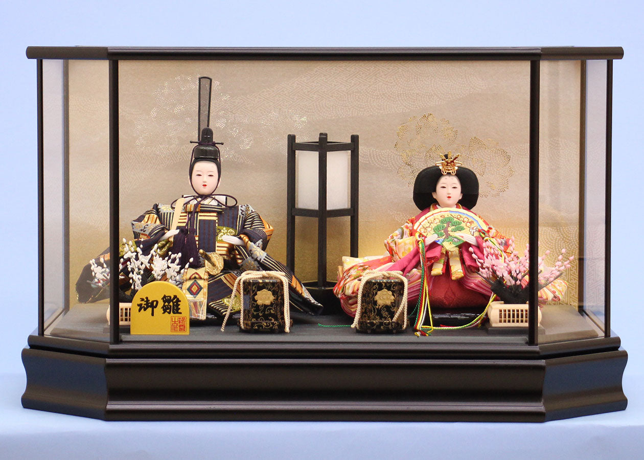 雛人形ケース飾り 二人 幅58㎝ 三五親王行灯付き六角