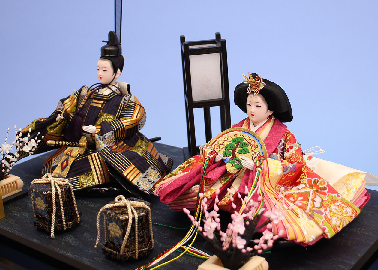 雛人形ケース飾り 二人 幅58㎝ 三五親王行灯付き六角　人形