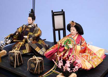 雛人形ケース飾り 二人 幅58㎝ 三五親王行灯付き六角　人形