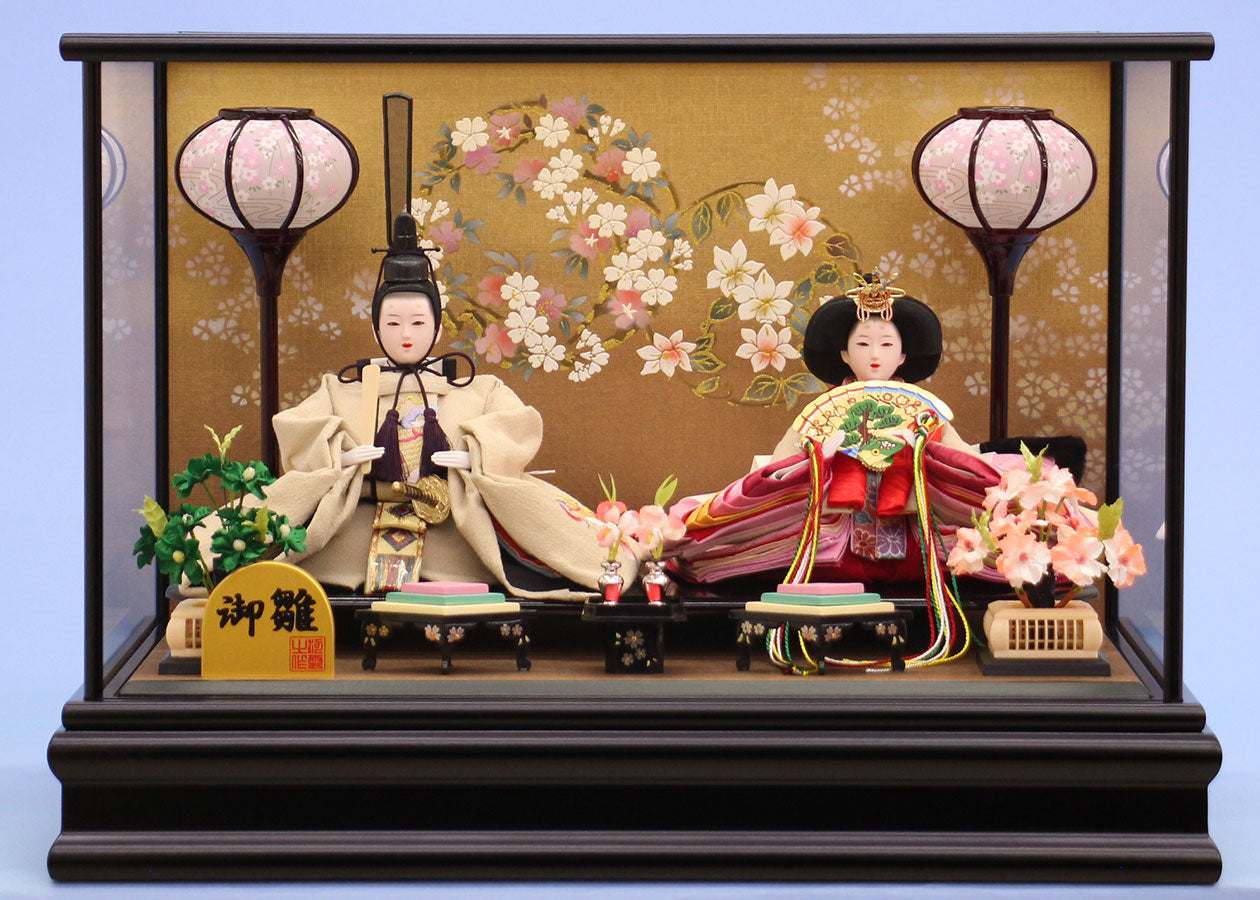 雛人形ケース飾り 二人 幅 小三五刺繍親王　金彩バック