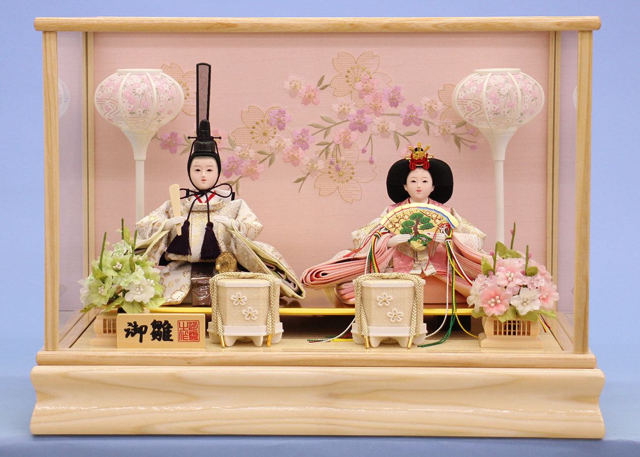 雛人形ケース飾り 二人 小三五親王白木枠桜刺繍ケース飾り