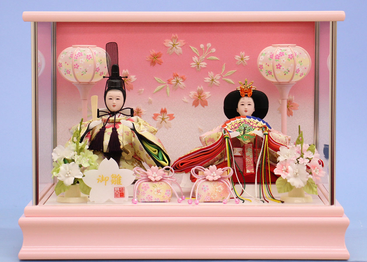 雛人形ケース飾り 二人 小芥子親王 薄ピンク