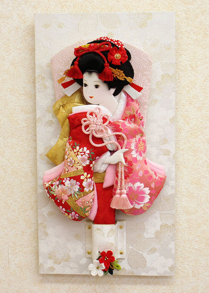 押絵羽子板 刺繍美月　白桜壁掛け飾りスタンド付き
