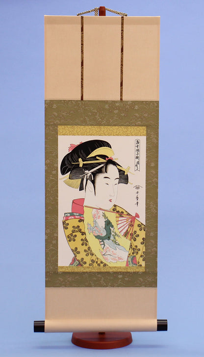 浮世絵掛け軸　喜多川歌麿　道成寺　複製画　スタンド付き