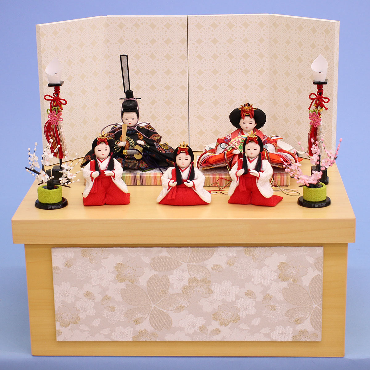 雛人形収納飾り 幅40cm豆びな五人　白桜収納飾り